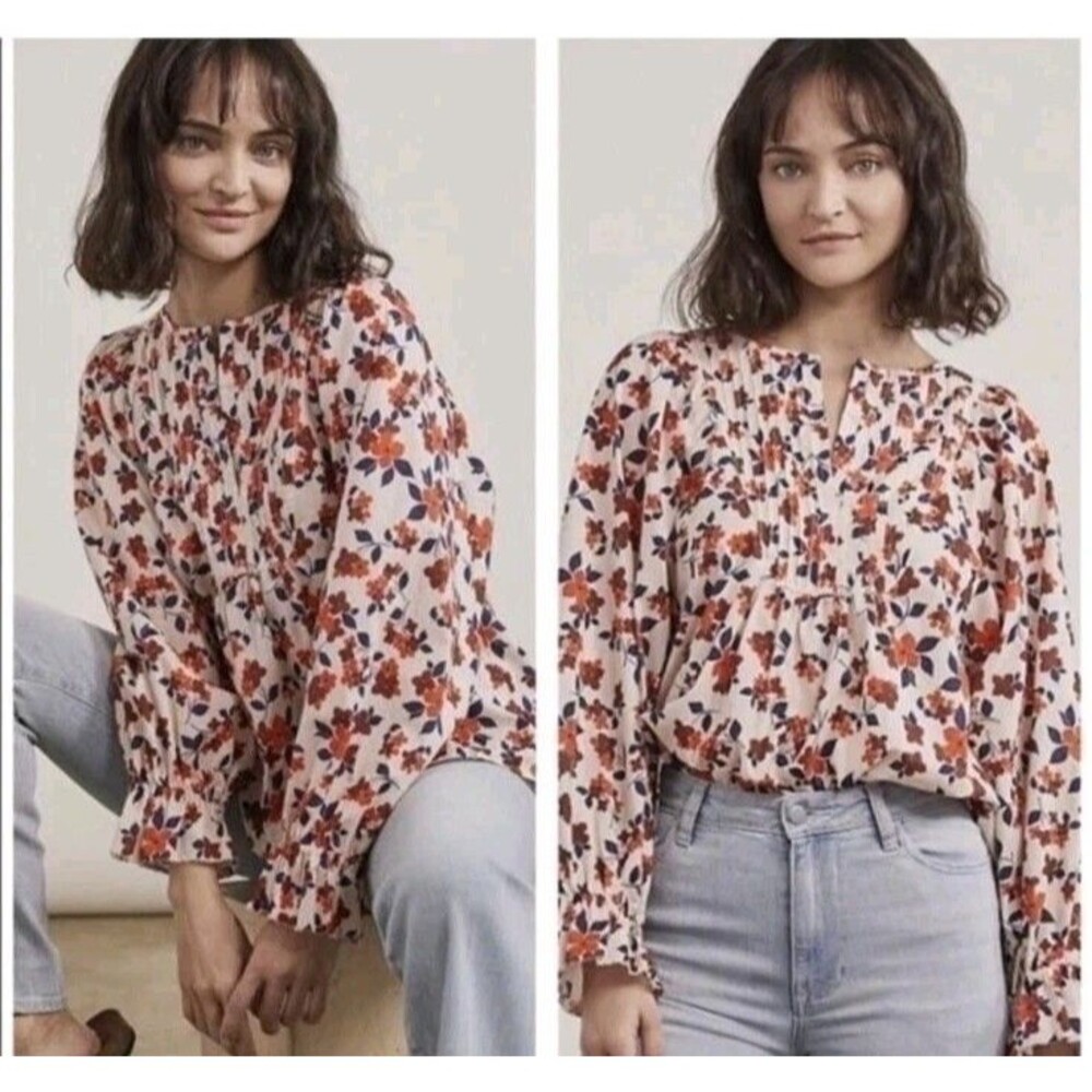Elizabeth and James Floral Blouse PXL Cream Red Navy Cotton Pintuck Boho Peasant